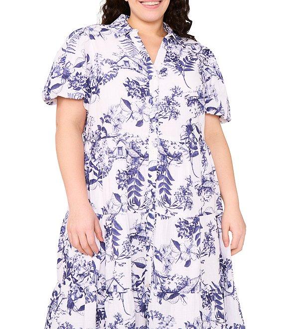 CeCe Plus Size Woven Floral Print Collared Short Puff Sleeve Midi Shirt Dress Product Image