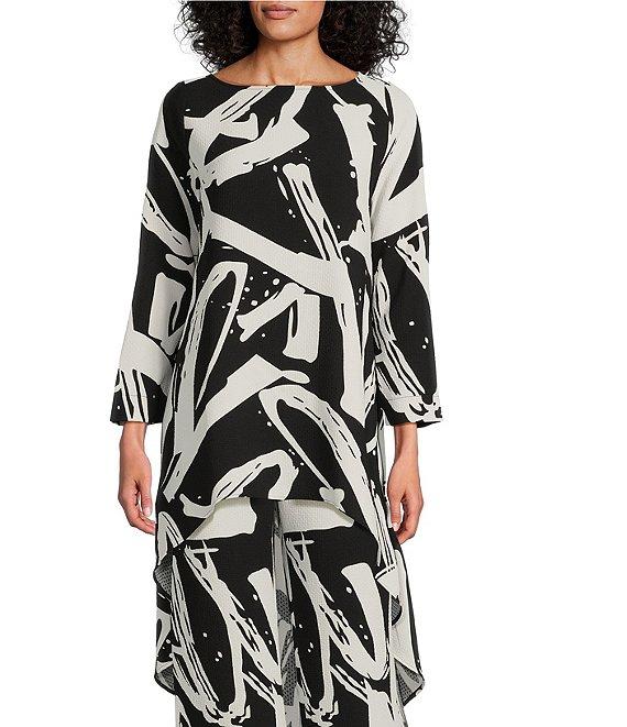 IC Collection Woven Abstract Boat Neck Long Sleeve High-Low Top Product Image