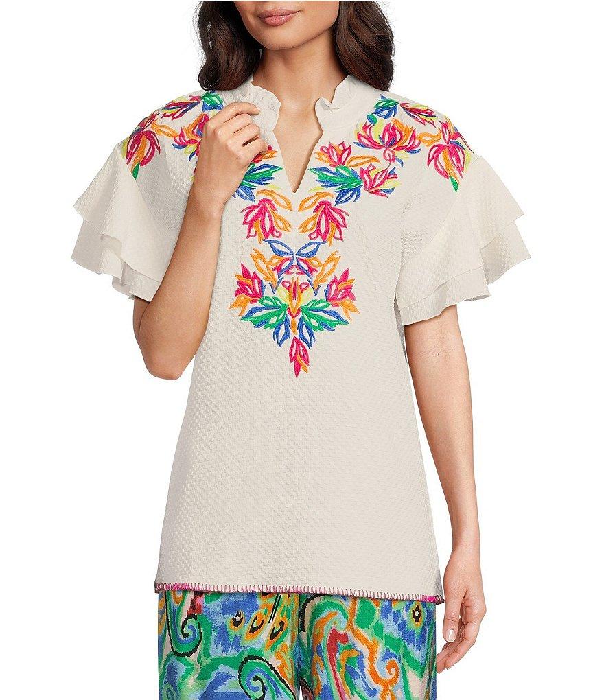 Calessa Petite Size Embroidered Ruffle Double Layer Short Sleeve Top Product Image