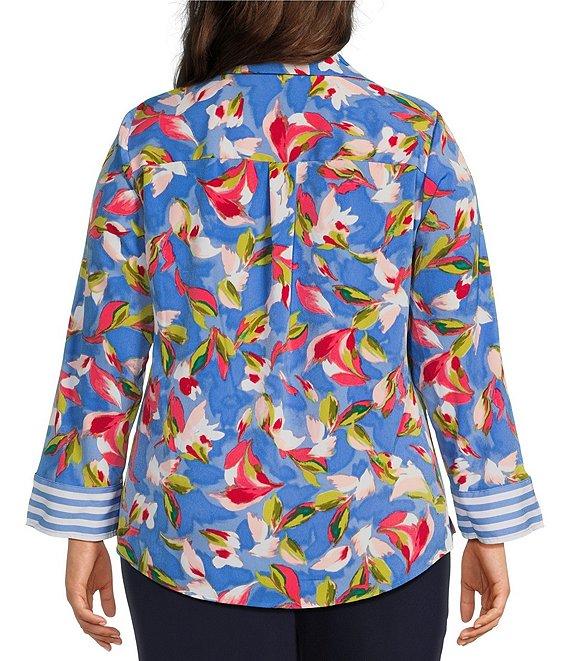 Investments Plus Size Woven Whimsy Floral Stripe 3/4 Sleeve Point Collar Button Front Split Cuff Top Product Image
