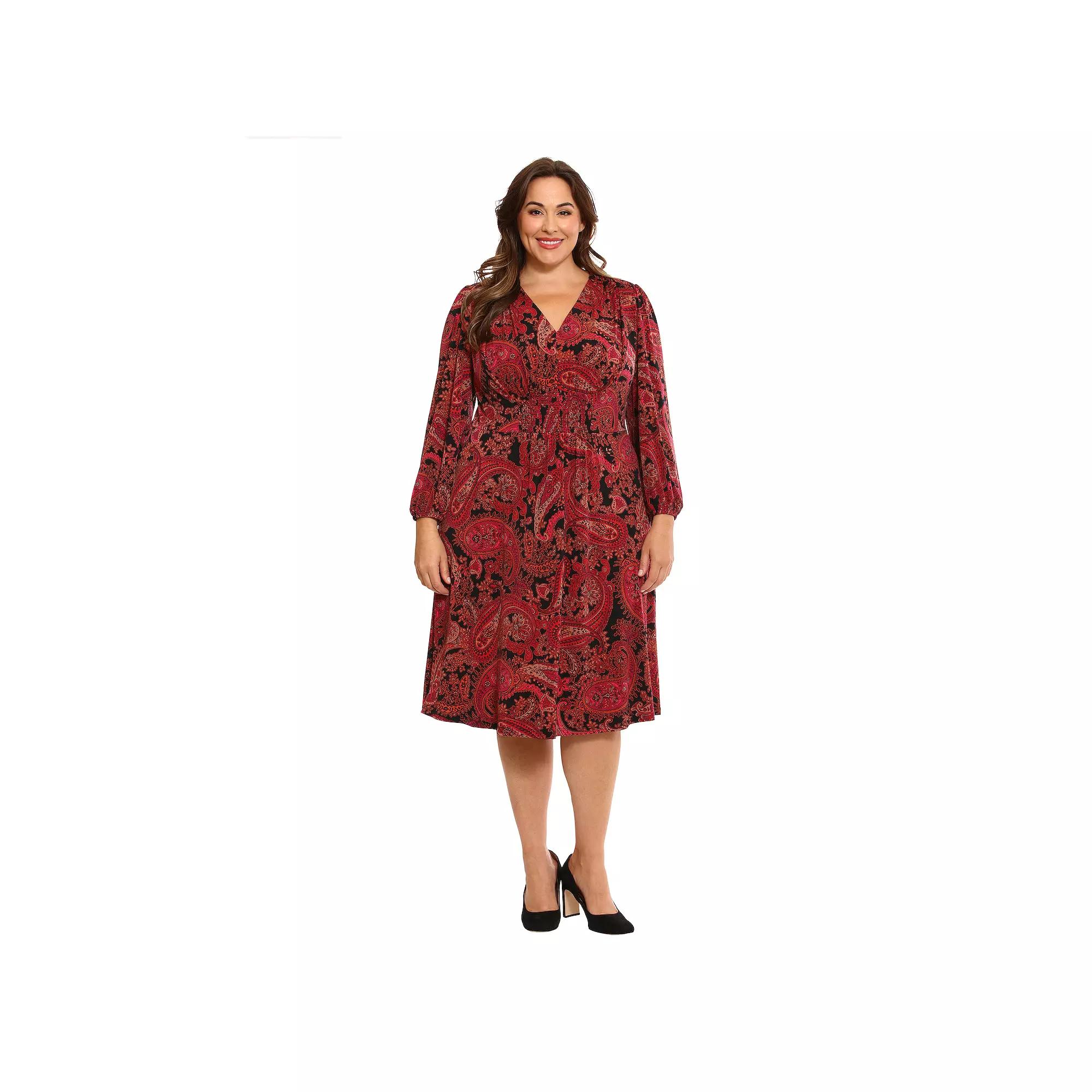 Plus Size London Times V-Neck Bishop Sleeve Midi Dress, Women's, Size: 1XL, Black Pink Product Image