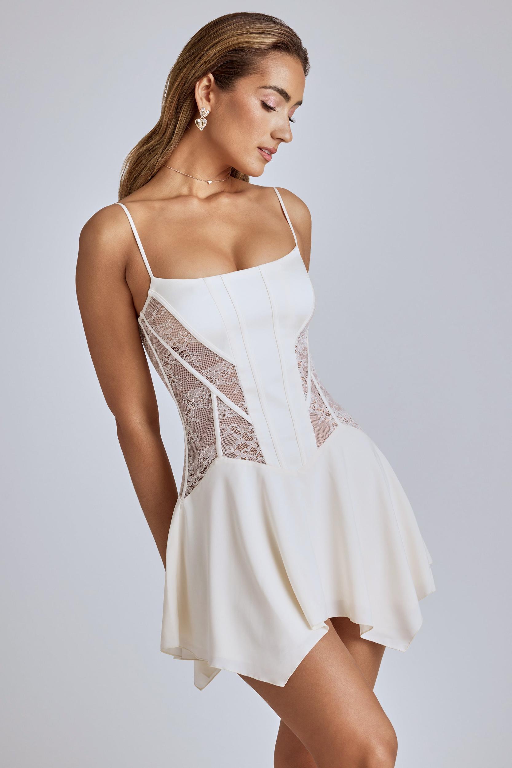 Lace Handkerchief Hem Mini Dress in Ivory Product Image