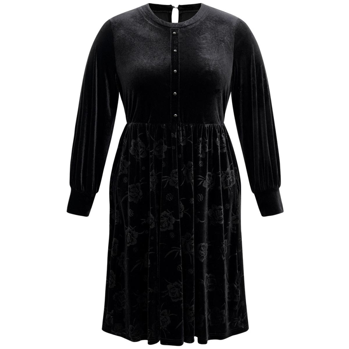 Plus Size Solid Velvet Button Detail Pocket Dress Black Women Office Plain Round Neck Long Sleeve Curvy Midi Dress BloomChic 18-20/2X Product Image