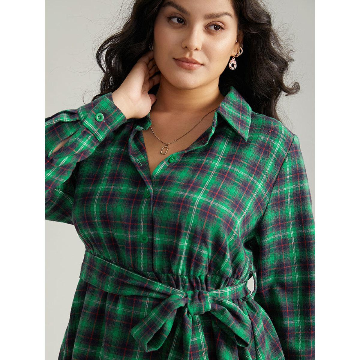 Plus Size Green Shirt Collar Plaid Belted High Low Hem Blouse Women Elegant Long Sleeve Shirt collar Festival-Christmas Blouses BloomChic 14-16/1X Product Image