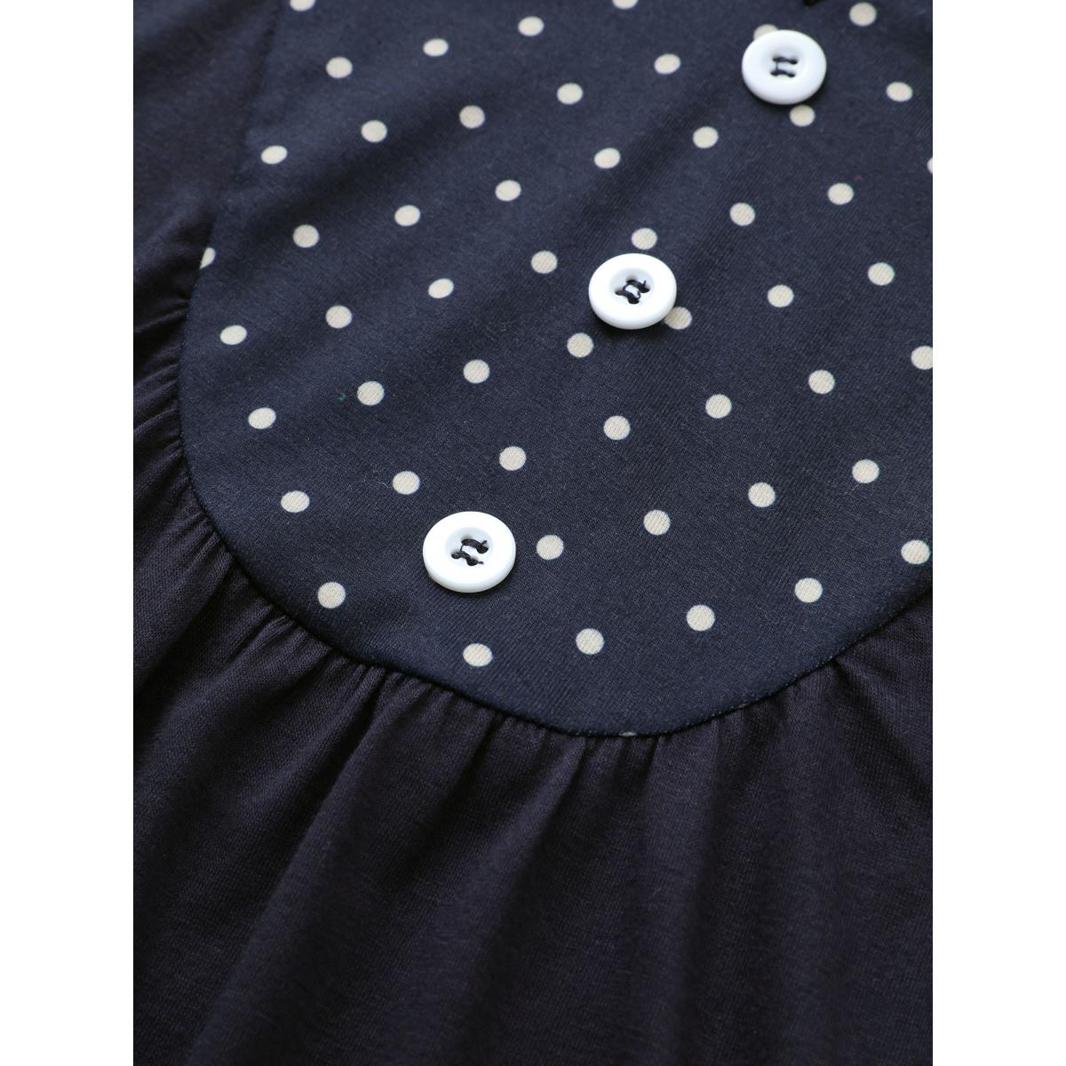 Plus Size Polka Dot Patchwork Notched Button Detail T-shirt Indigo Women Casual Contrast Polka Dot Notched collar Everyday T-shirts BloomChic 12/L Product Image