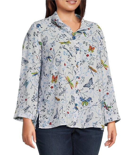 Ali Miles Plus Size Burnout Woven Printed Wire Collar 3/4 Roll-Tab Sleeve Button Front Tunic Product Image