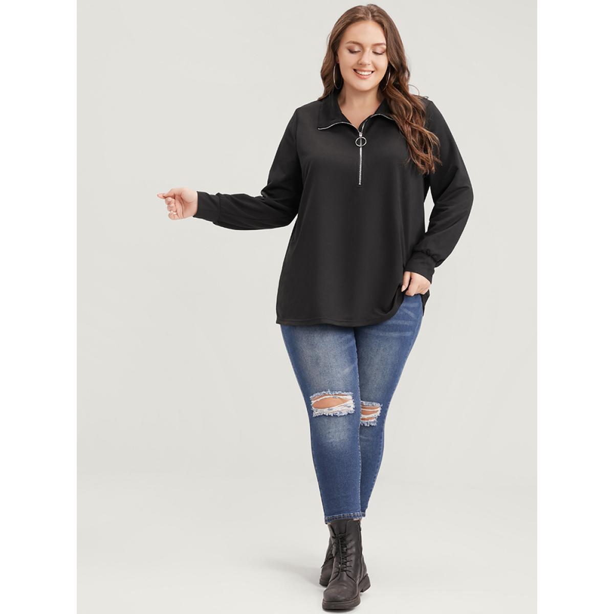 Plus Size Solid O Ring Zipper Drop Shoulder Sweatshirt Women Black Casual Zipper Turtleneck Dailywear Sweatshirts BloomChic 12/L Product Image