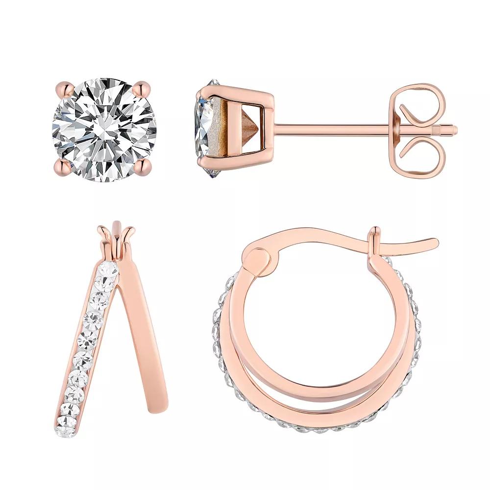 Chrystina Crystal 2 Pair Stud & Split Hoop Earring Set, Women's, Rose Gold Tone Product Image