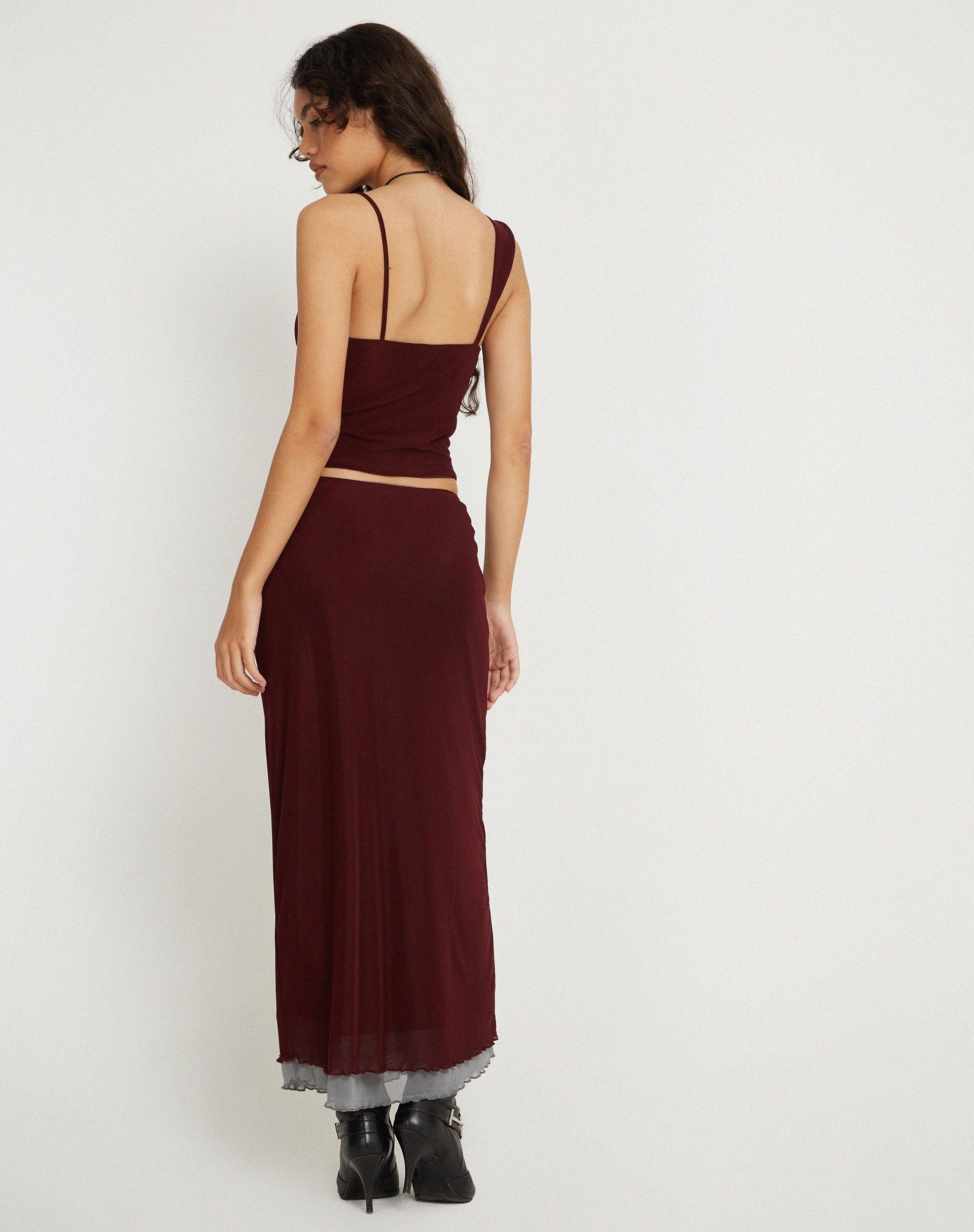 Tresha Maxi Skirt in Mesh Burgundy Product Image