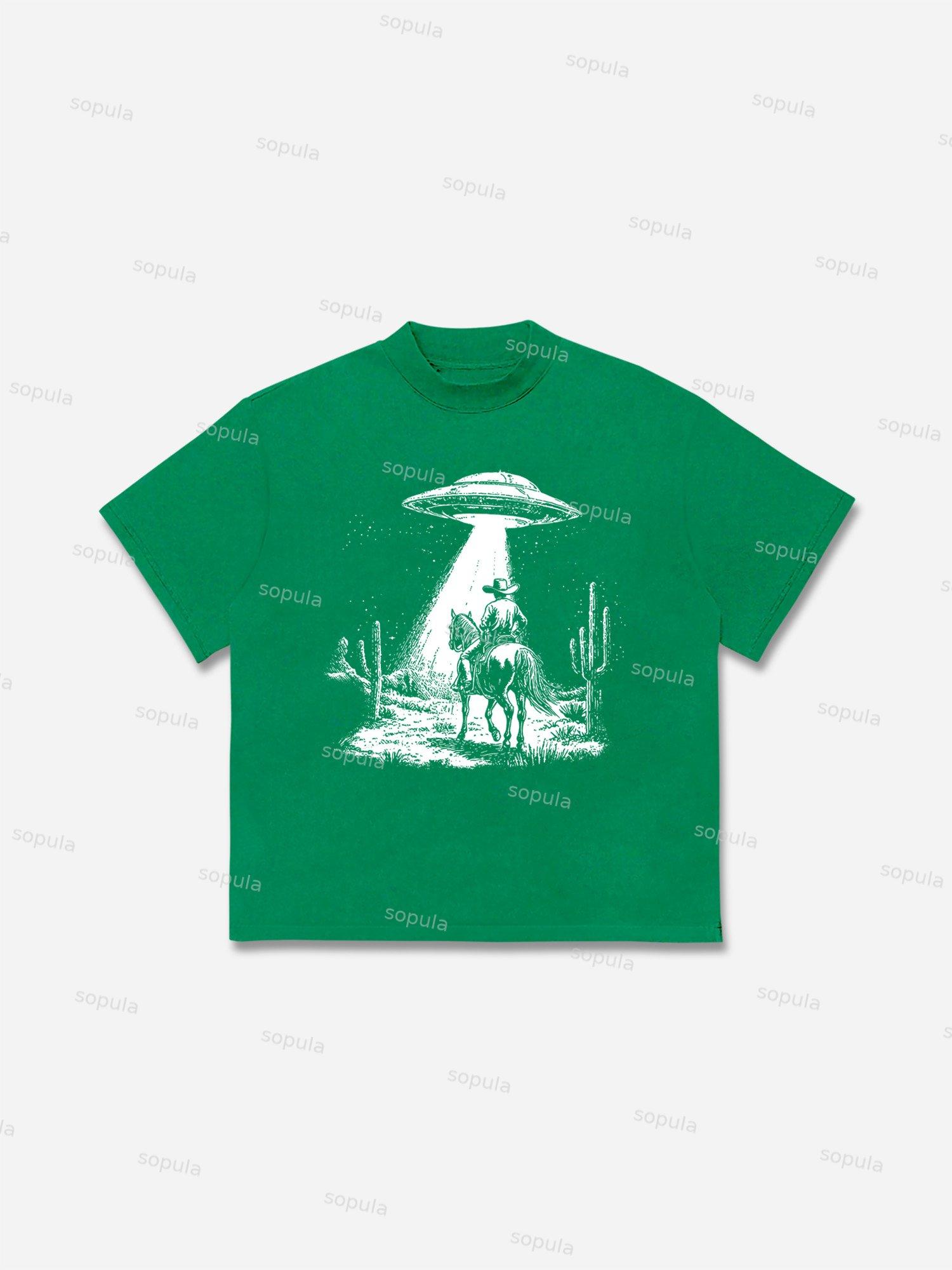 Ufo Western Cowboy Graphic Cotton T-shirt Product Image