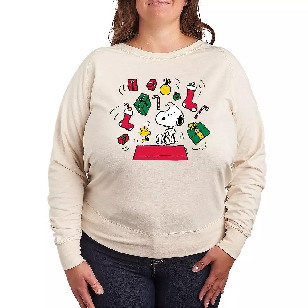 Women's Peanuts Snoopy & Woodstock Christmas Presents French Terry Long Sleeve Tee,  Product Image
