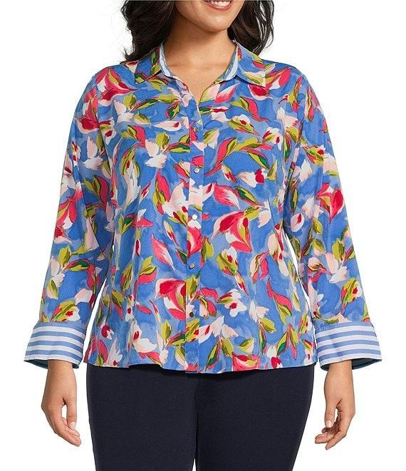 Investments Plus Size Woven Whimsy Floral Stripe 3/4 Sleeve Point Collar Button Front Split Cuff Top Product Image