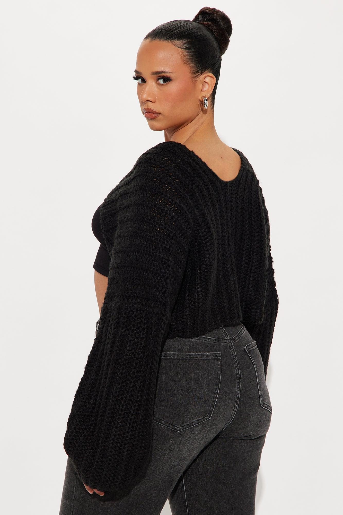 Dream State Chunky Knit Cropped Cardigan Sweater - Black Product Image