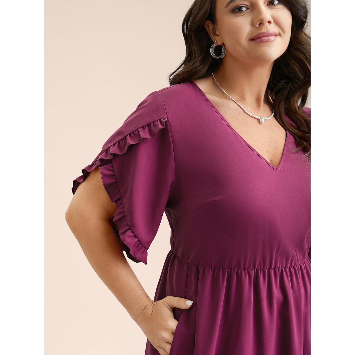 Plus Size Petal Sleeve Ruffled Waist-Cinched Midi Dress Deeppurplered Women Elegant Frill Trim V-neck Half Sleeve Curvy BloomChic 30/6X Product Image