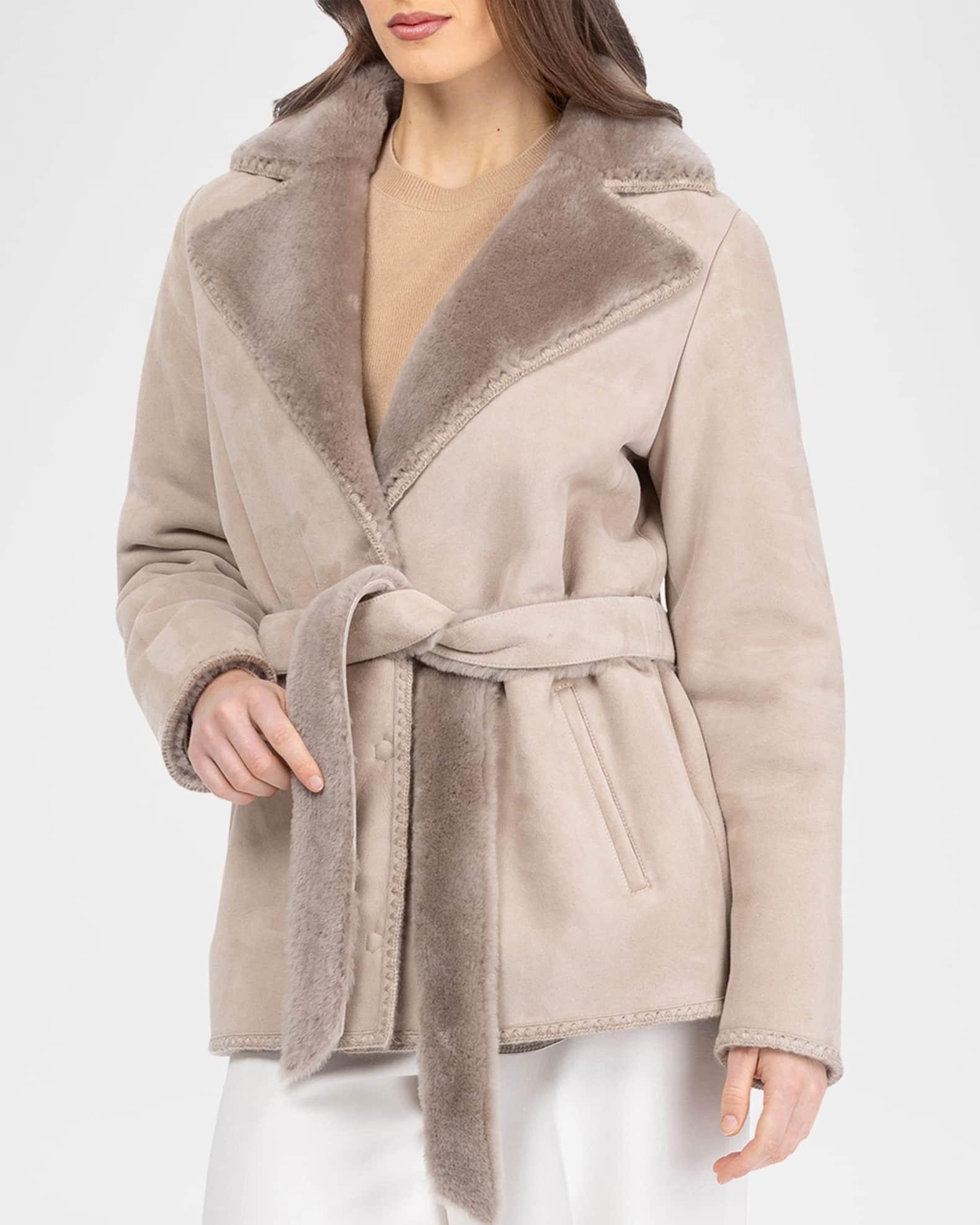 Merino Shearling Lamb Belted Jacket With Whipstitch Trim Product Image