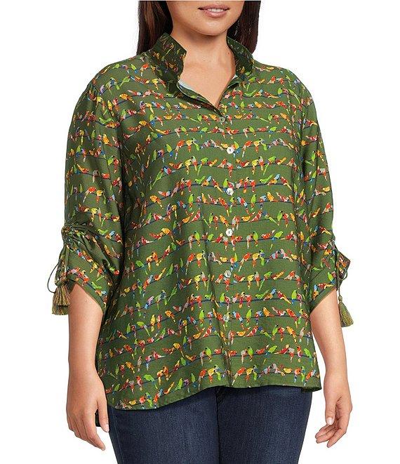 John Mark Plus Size Woven Parrot Print Wire Collar 3/4 Cinched Tie Sleeve Hi Low Hem Button Front Tunic Product Image