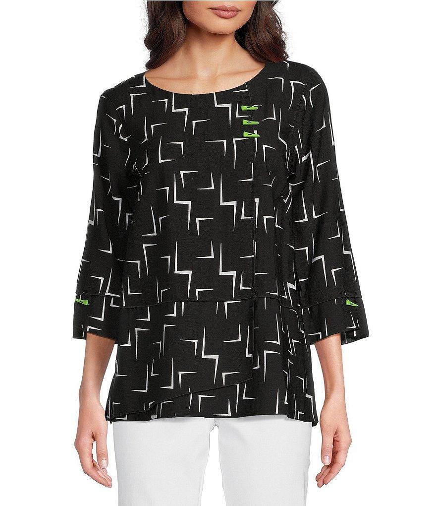 Ali Miles Geometric Print Scoop Neck 3/4 Sleeve Overlap Popover Tunic Product Image