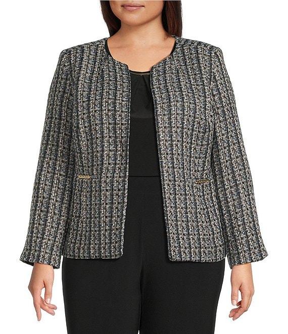 Kasper Plus Size Tweed Long Sleeve Open Front Cardigan Product Image