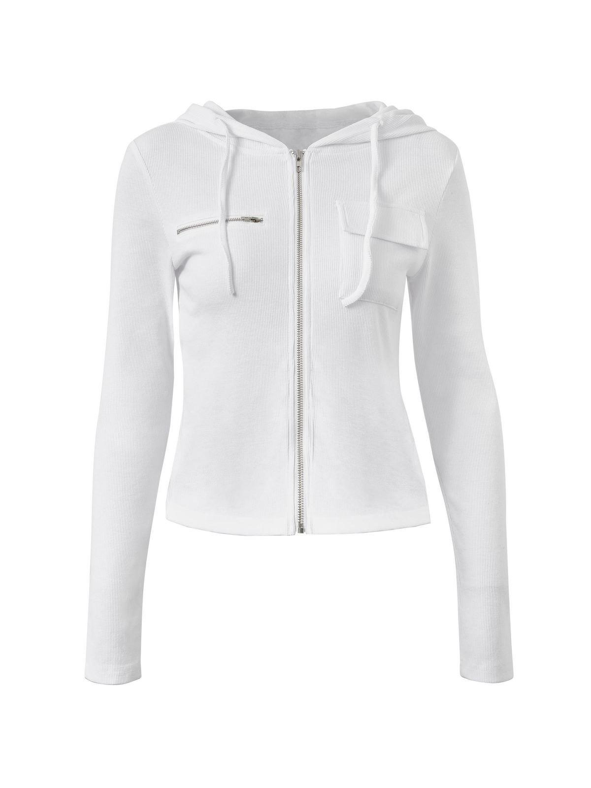 White Zip Up Hooded Cropped Knit Top Product Image