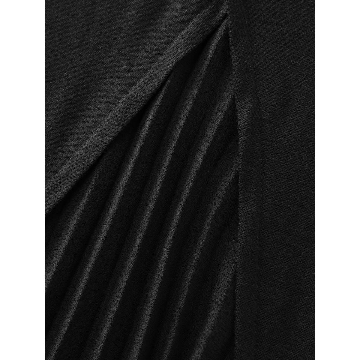 Plus Size Stretchy Round Neck Rolled Cuff Sleeve T-Shirt Black Women Leisure Overlapping Round Neck Casual T-shirts BloomChic 26/4X Product Image