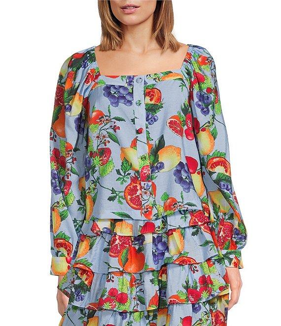 Skies Are Blue Coordinating Fruit Printed Square Neck Button Front Long Sleeve Top Product Image