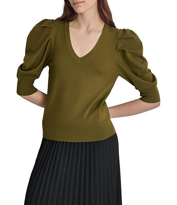 DKNY by Donna Karan Short Pleated Puffed Elbow Sleeve V-Neck Knit Top Product Image