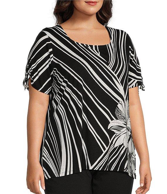 Allison Daley Plus Size Hibiscus Wave Print Short Ruched Tie Sleeve Square Neck Knit Top Product Image
