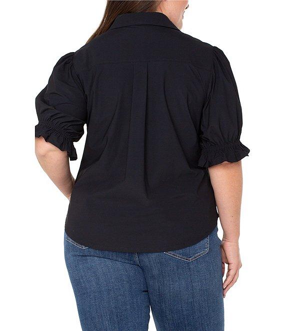 Liverpool Los Angeles Plus Size Tech Knit Point Collar Short Puff Sleeve Button Front Shirt Product Image