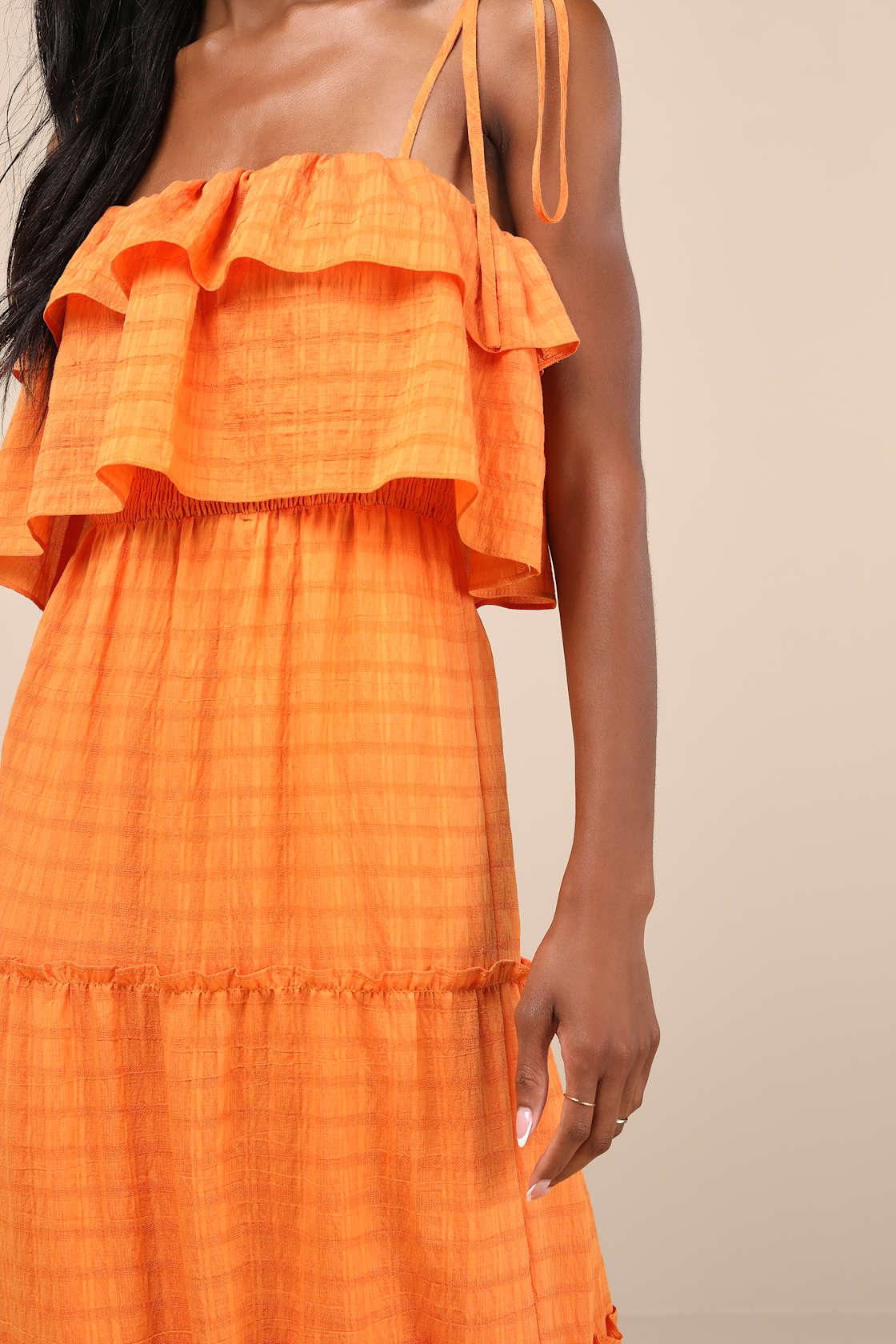 Inaya Orange Textured Tie-Strap Tiered Maxi Dress Product Image