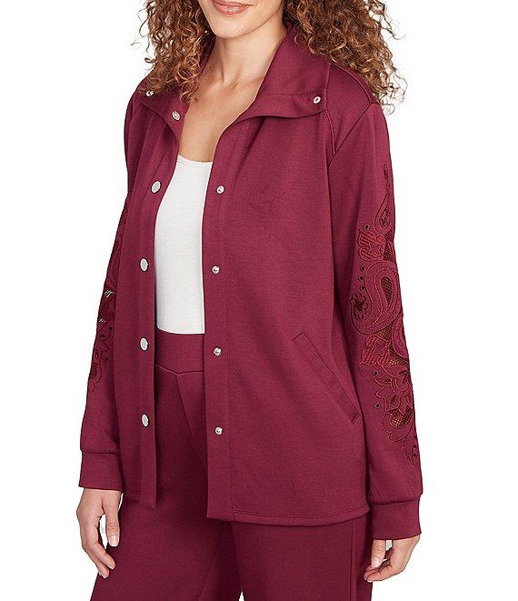 Ruby Rd. Solid Scuba Open Floral Cut-Out Embroidered Long Sleeve Snap-Front Jacket Product Image