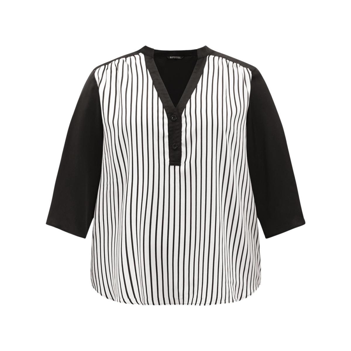 Plus Size Black Striped Patchwork Tab Sleeve Blouse Women Office Elbow-length sleeve V-neck Work Blouses BloomChic 22-24/3X Product Image
