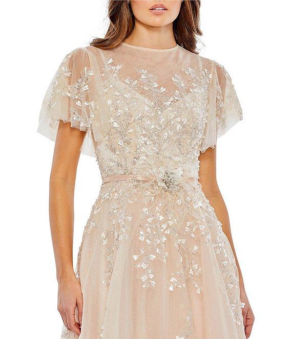Mac Duggal Short Floral Sleeve Crew Neckline Bow Waist Tulle A-Line Dress Product Image