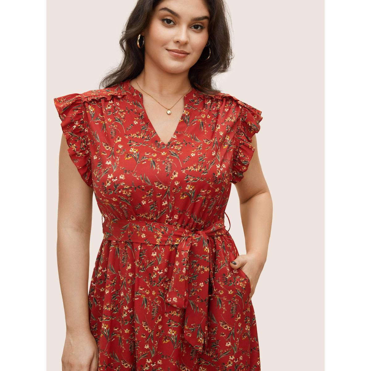 Plus Size Floral Print Frill Notched Flutter Sleeve Dress Raspberry Women Timeless Non Notched collar Sleeveless Curvy Midi Dress BloomChic 18-20/2X Product Image