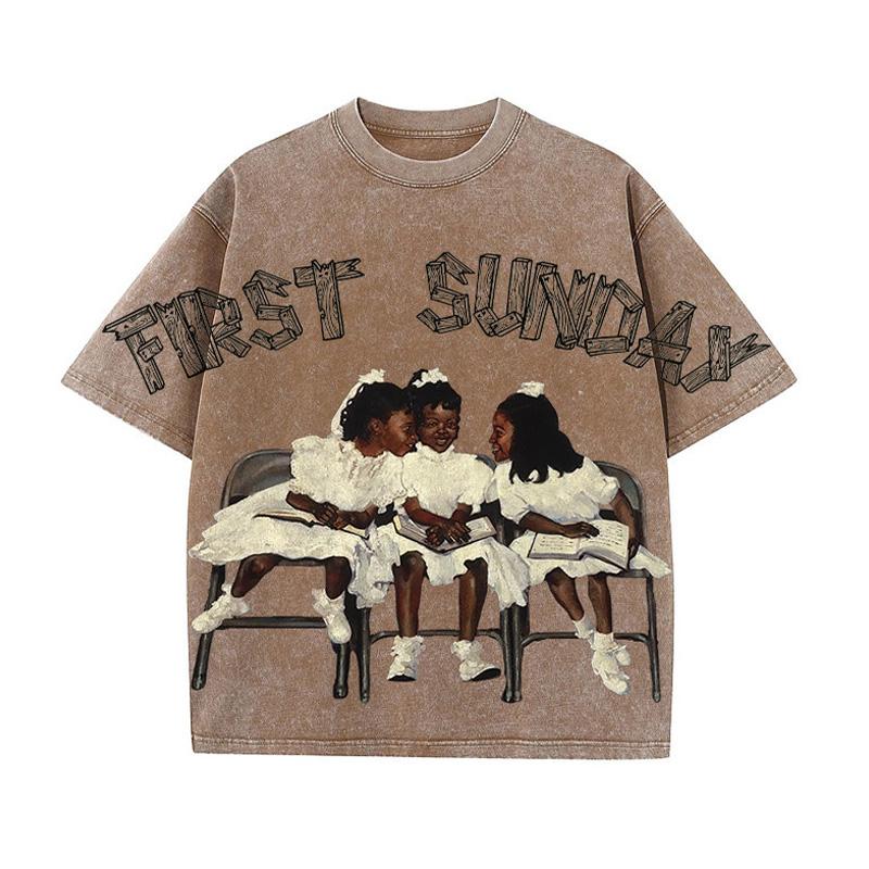 First Sunday Retro Graphic Print Acid Washed T-Shirt Product Image
