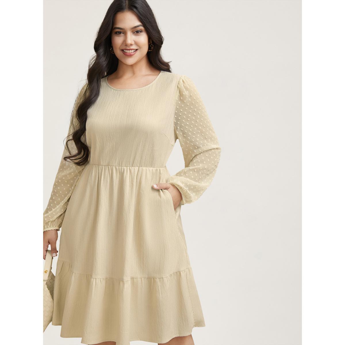Plus Size Textured Stretchy-Waist Tiered Midi Dress Beige Women Elegant Texture Round Neck Long Sleeve Curvy BloomChic 18-20/2X Product Image