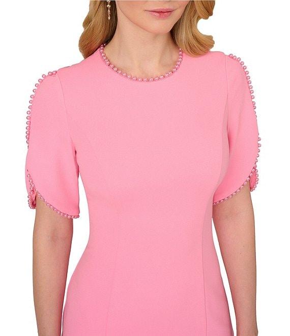 Adrianna Papell Stretch Crepe Crew Neck Short Sleeve Pearl Trim Knee Length Sheath Dress Product Image