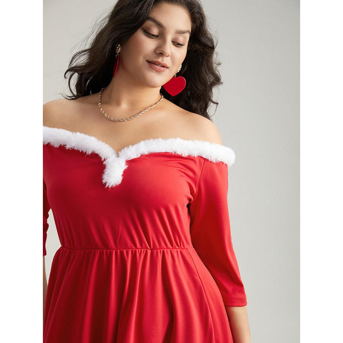 Plus Size Christmas Off Shoulder Fuzzy Trim High Low Hem Dress Red Women Party Patchwork One-shoulder neck Elbow-length sleeve Curvy Midi Dress BloomChic 26/4X Product Image