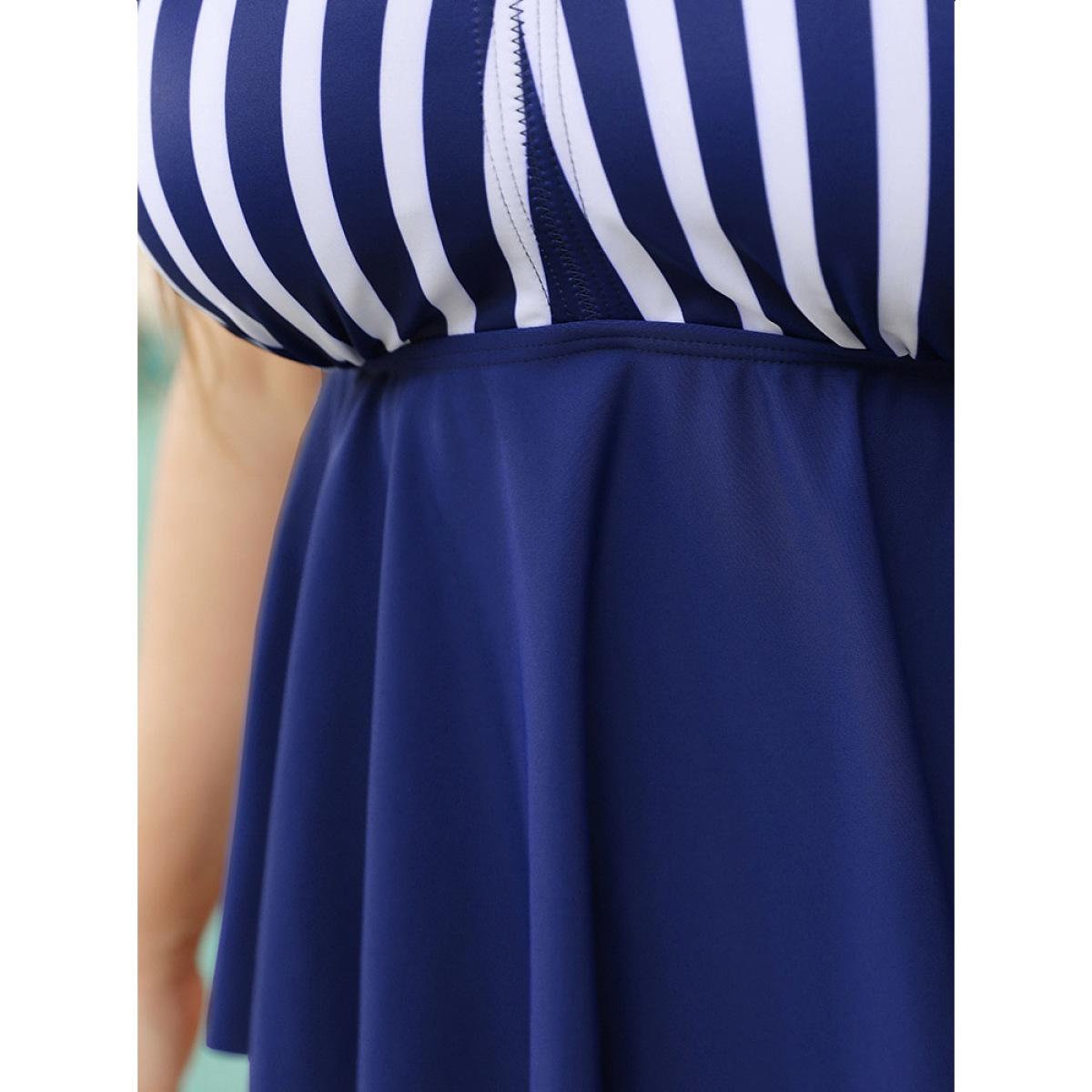 Plus Size Striped Contrast Crossover Ruffle Hem Tankini Top Women's Swimwear Navy Vacation Adjustable Straps High stretch Bodycon V-neck Curve Swim Tops BloomChic 26/4X Product Image