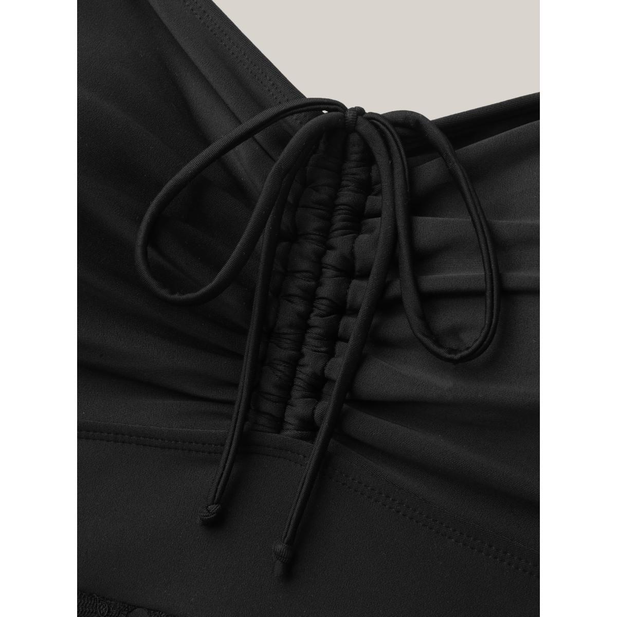 Plus Size Lace Pleated Ruched Drawstring Swim Dress Women's Swimwear Black Beach Bodycon Heart neckline High stretch Curve Swim Dresses BloomChic 10/M Product Image