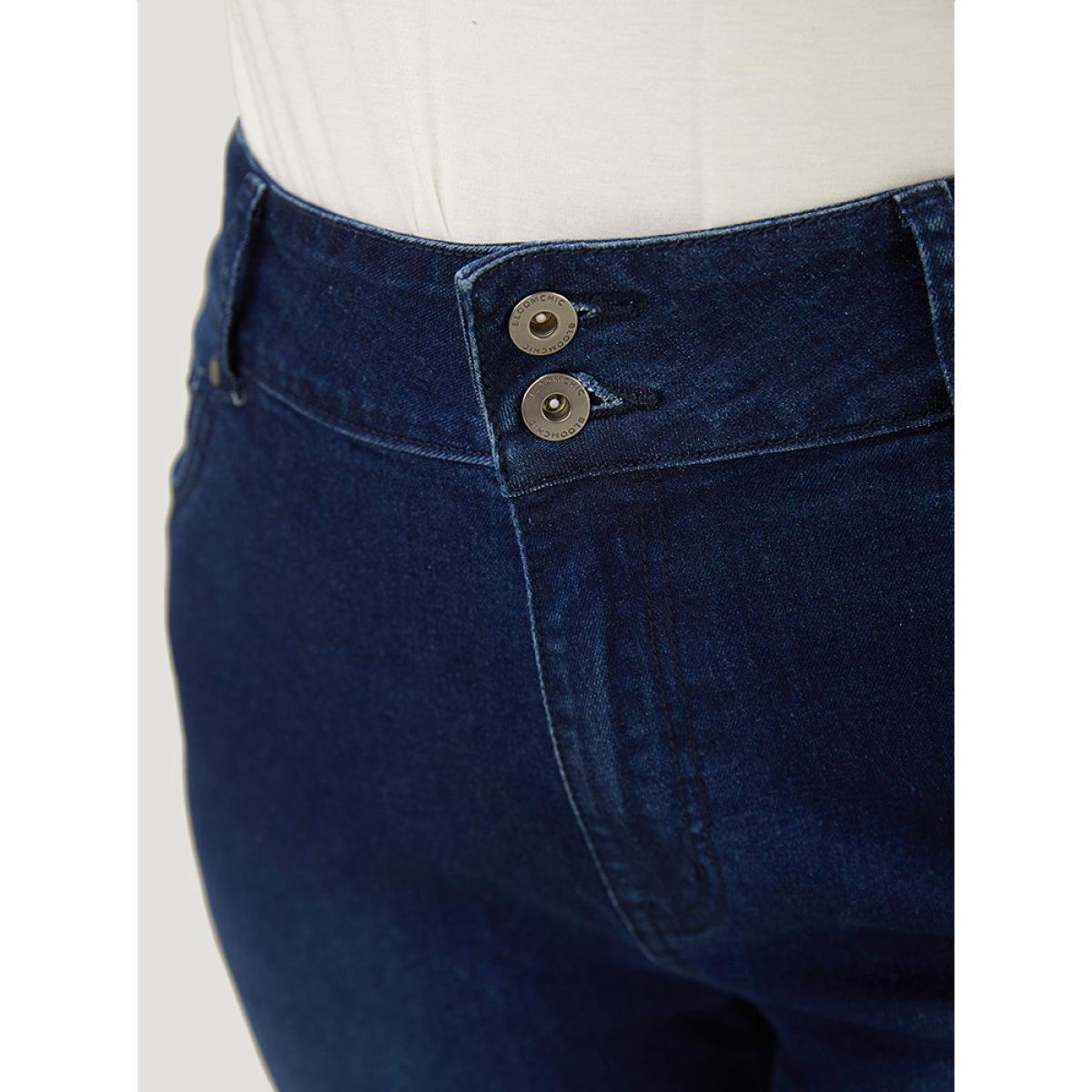 Plus Size Very Stretchy High Rise Dark Wash Embroidery Back Jeans Women DarkBlue Casual Plain Embroidered High stretch Jeans BloomChic 28/5X Product Image