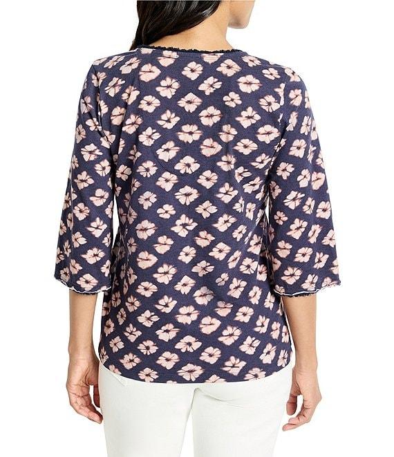 NIC + ZOE Geo Garden V-Neck Elbow Sleeve Fringe Tee Product Image