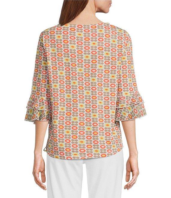 Multiples Slub Knit Georgette Floral Print Boat Neck 3/4 Sleeve Fitted Ruched Side Drawstring Top Product Image
