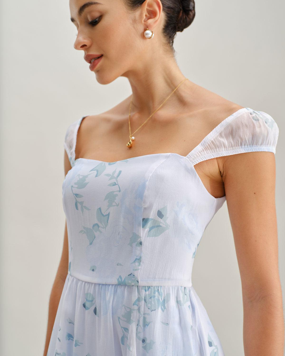Blue Floral Sweetheart Neck Slip Midi Dress Product Image