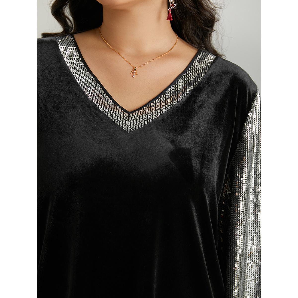 Plus Size Sequin Patchwork V Neck Lantern Sleeve Sweatshirt Women Black Cocktail Elastic cuffs V-neck Party Sweatshirts BloomChic 18-20/2X Product Image