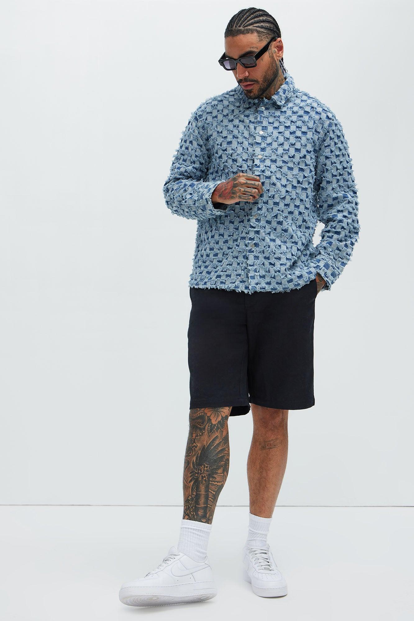 Blame Me Frayed Denim Button Up Shirt - Light Blue Wash Product Image