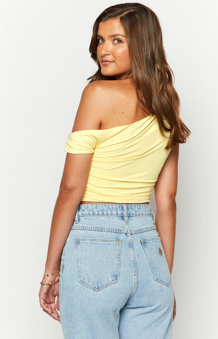 Limelight Drift Yellow Draped Off Shoulder Crop Top Product Image