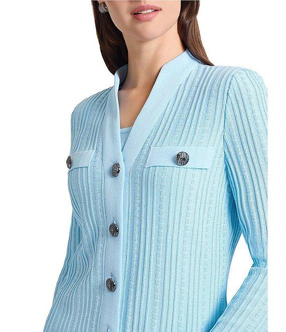 Ming Wang Ribbed Knit High V-Neck Long Sleeve Cardigan Product Image