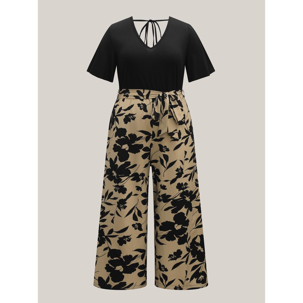 Plus Size Tan Floral Print Spliced Belted Wide-Leg Jumpsuit Women Elegant Short sleeve V-neck Everyday-Elegant Loose Jumpsuits BloomChic 18-20/2X Product Image
