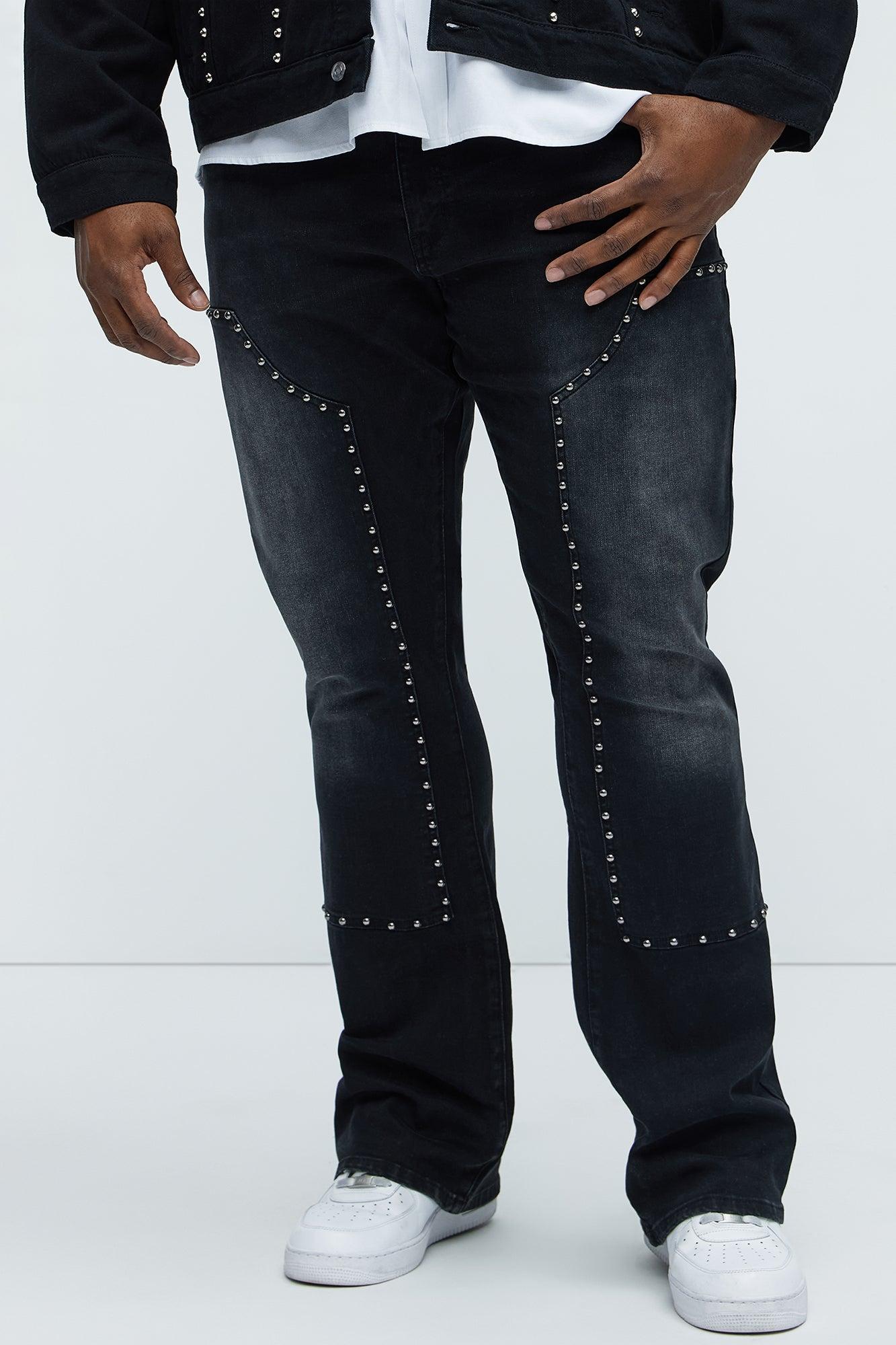 Rivetting Studded Stacked Slim Flare Jeans - Black Product Image