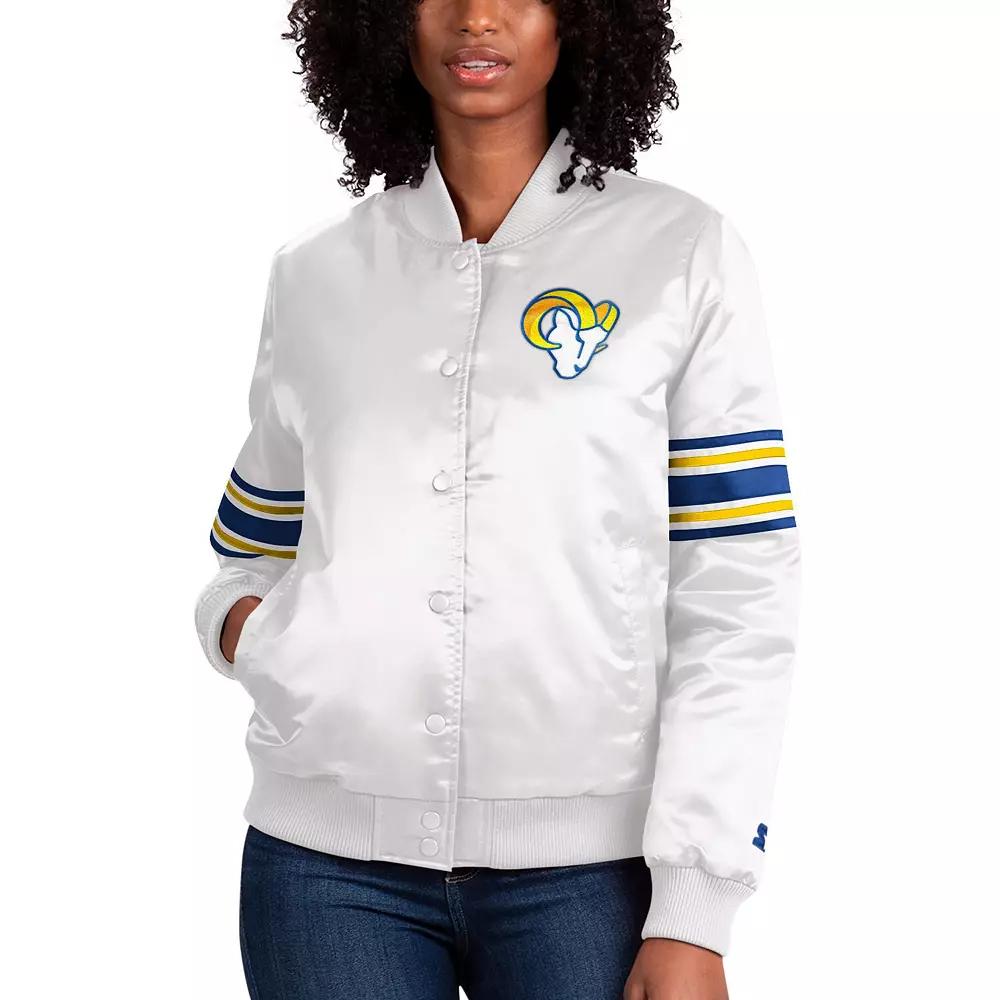 Women's Starter Cream Los Angeles Rams Line Up Satin Full-Snap Varsity Jacket,  Product Image